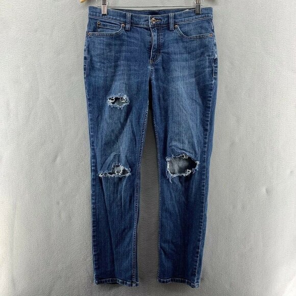 Duluth Trading Co Distressed Straight Leg Jeans Womens Size 8 Blue Denim 8x29 - Picture 1 of 12